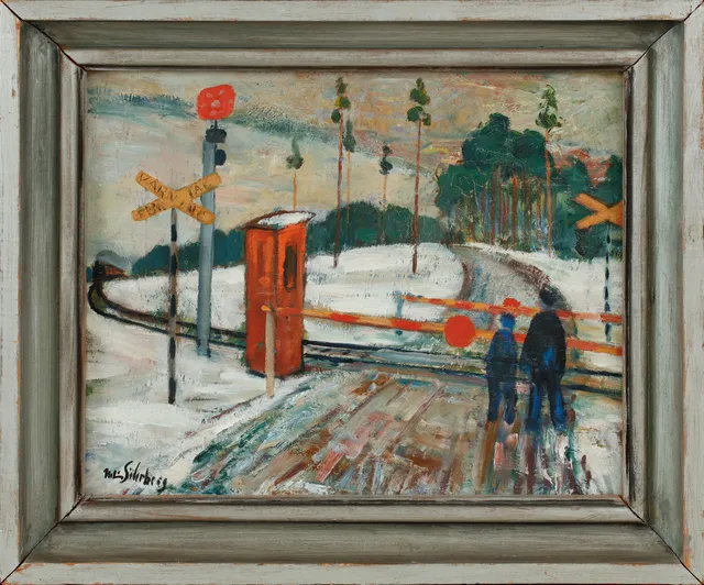NILS SÖDERBERG. Figurer vid järnvägsövergång, olja på pannå, signerad.