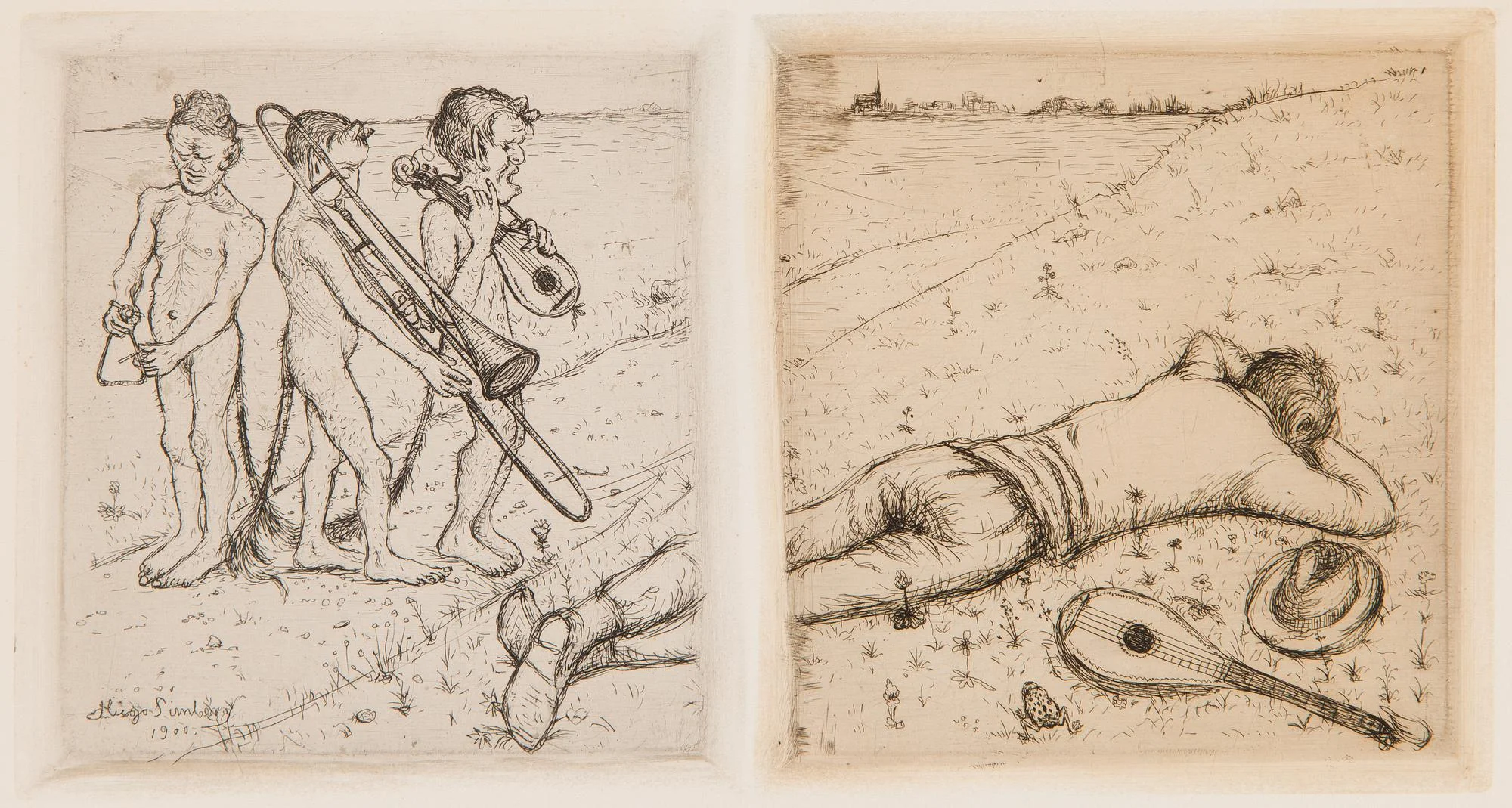 Hugo Simberg, "Missljud" & "Slumrande spelman". — Konst/Grafik — Bukowskis