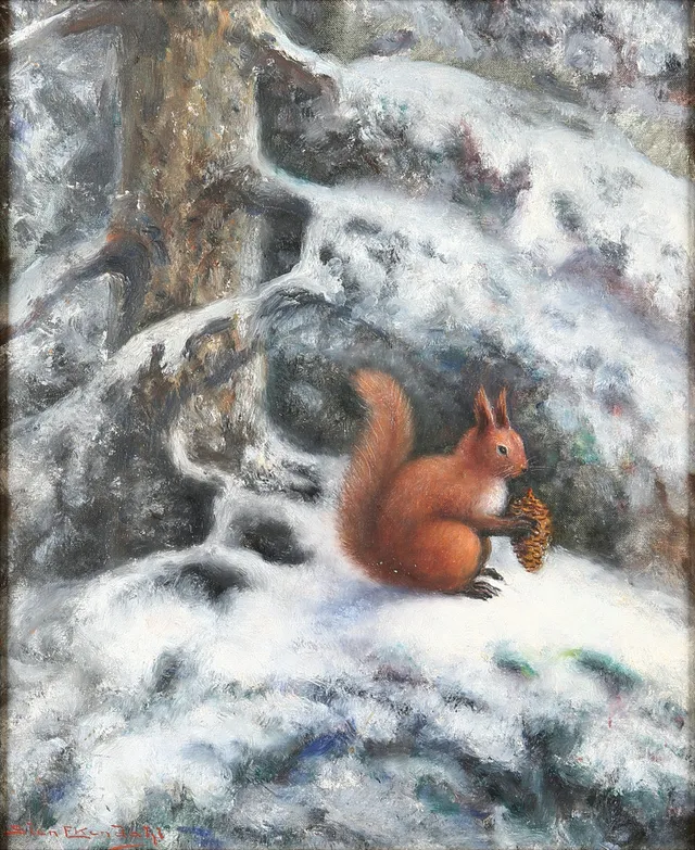 STEN EKENDAHL. Ekorre i vinterskog, olja på duk, signerad.