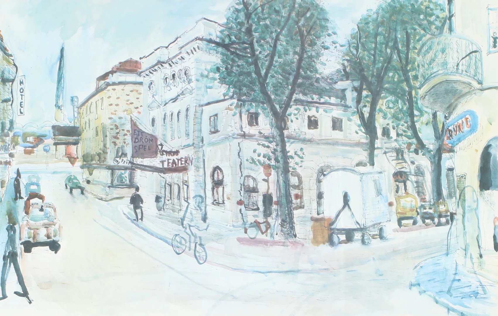 LARS HERDER. Gamla teatern, Helsingborg, färglitografi, signerad. — Engravings & Prints — Helsingborgs Auktionskammare