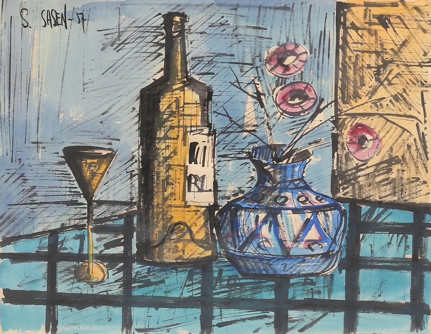 STIG SASEN. Stilleben, blandteknik, signerad och daterad -57. — Paintings — Garpenhus Auktioner