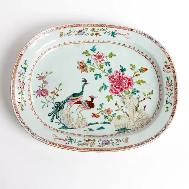 STEKFAT, porslin, Kina, Qianlong (1736-1795), famille rose, "double peacock", dekor i emaljfärger.