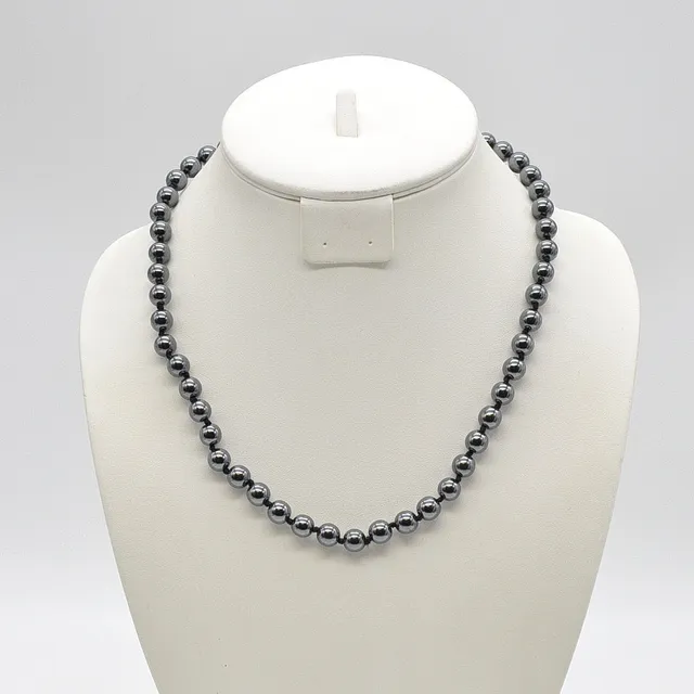 HÄMATIT PERLENCOLLIER, PERLEN EINZELN GEKNÜPFT, GRAU, VINTAGE, CA. 51 CM.