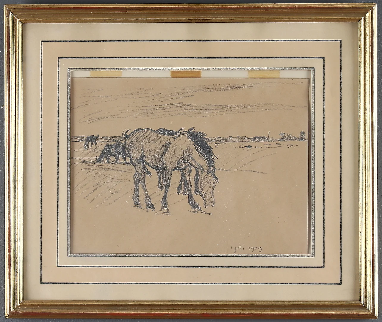 NILS KREUGER. Hästar på bete, teckning, notering a tergo, daterad 1 juli 1909. — Drawings — Stadsauktion Sundsvall
