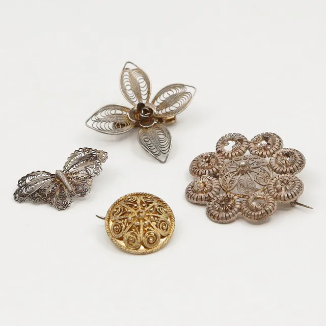 BROSCHER, 4 ST, FILIGRANARBETE, SILVER, TIDIGT 1900-TAL.