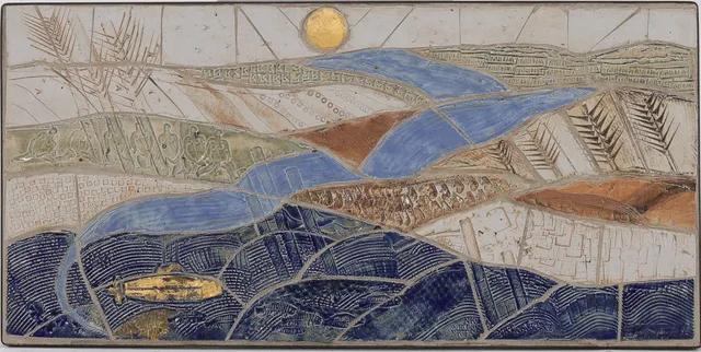 Birgit Krogh. Ceramic relief with landscape, sea and submarine (cd)