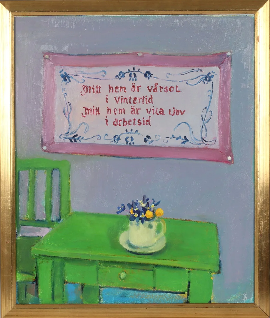 OLLE GUSTAFSSON. "Vår i köket", olja på pannå, monogramsignerad. — Paintings — Stadsauktion Sundsvall