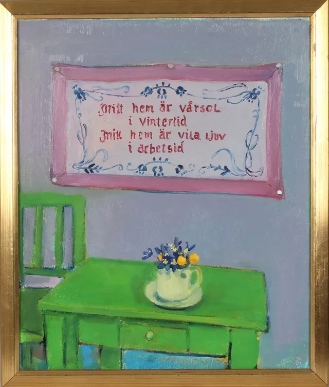 OLLE GUSTAFSSON. "Vår i köket", olja på pannå, monogramsignerad.