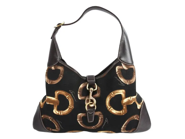 VÄSKA, GUCCI, Jackie, svart tyg, brunt skinn, 37x24 cm, dustbag.