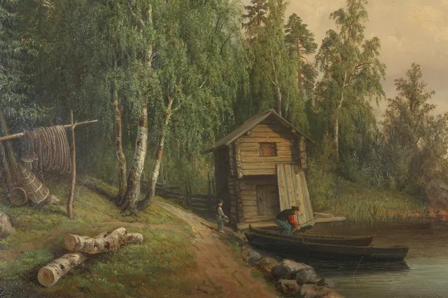 ALBERT BLOMBERGSSON. Far och son vid vattnet, olja på duk, signerad, otydligt daterad.