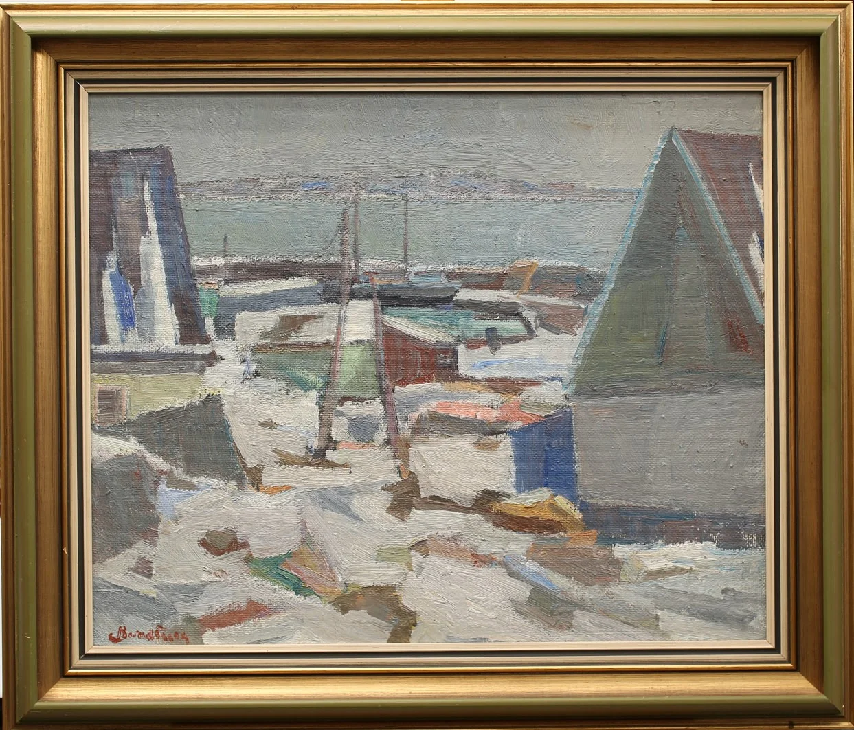 CARL BERNDTSSON. Olja på pannå, Fiskehamn, signerad. — Paintings — Limhamns Auktionsbyrå