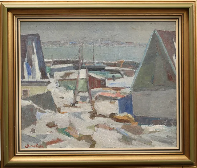 CARL BERNDTSSON. Olja på pannå, Fiskehamn, signerad.