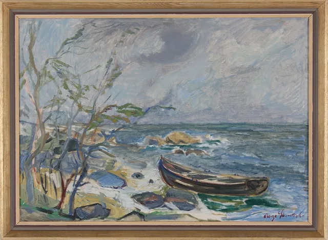 AAGE STRAND. "Dueodde, Bornholm", olja på duk, signerad.