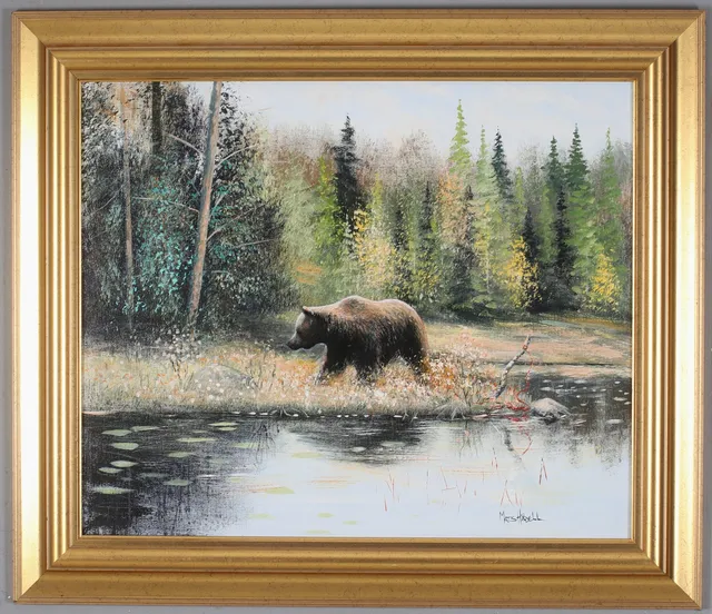 MATS HÅDELL. Björn vid sjö, olja på duk, signerad.