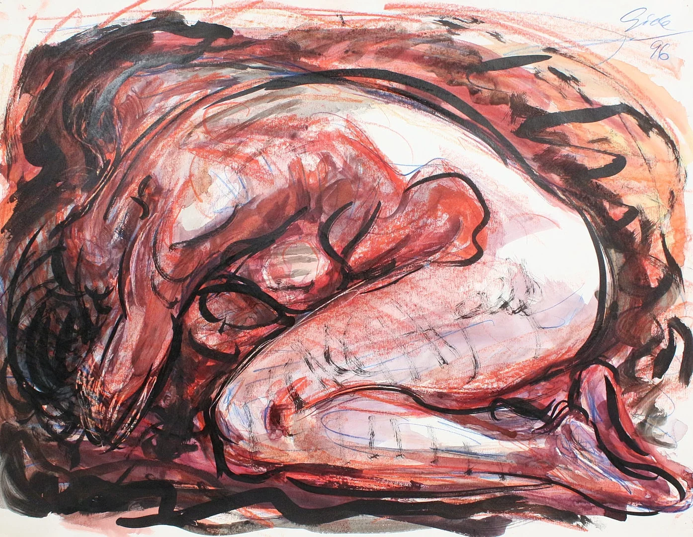 HUBERTUS GIEBE (bk). 'Roter Akt', 1996, Mischtechnik, signiert. — Drawings — Stockholms Auktionsverk Düsseldorf/Neuss