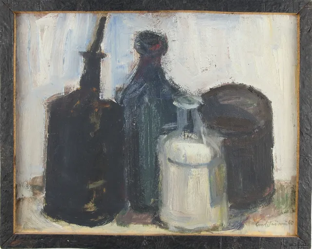 HELGE LUNDSTRÖM. Olja på pannå, "Flaskor", signerad.