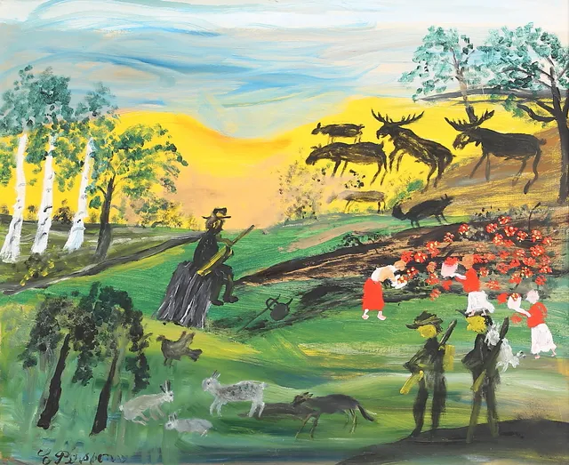 ERIK PERSSON (1879-1973). "Älgjakt". Naivistisk scen, olja på pannå, signerad.