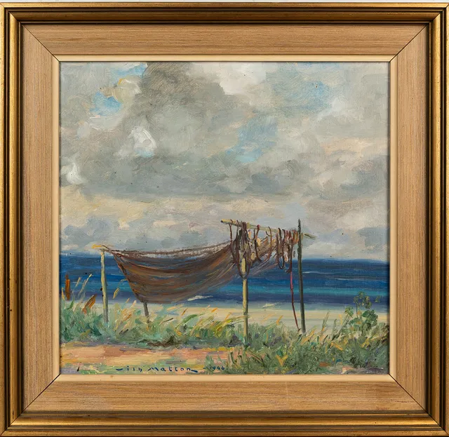 MAGNI PERSSON. Olja på pannå, "Nät" signerad, daterad 1946.