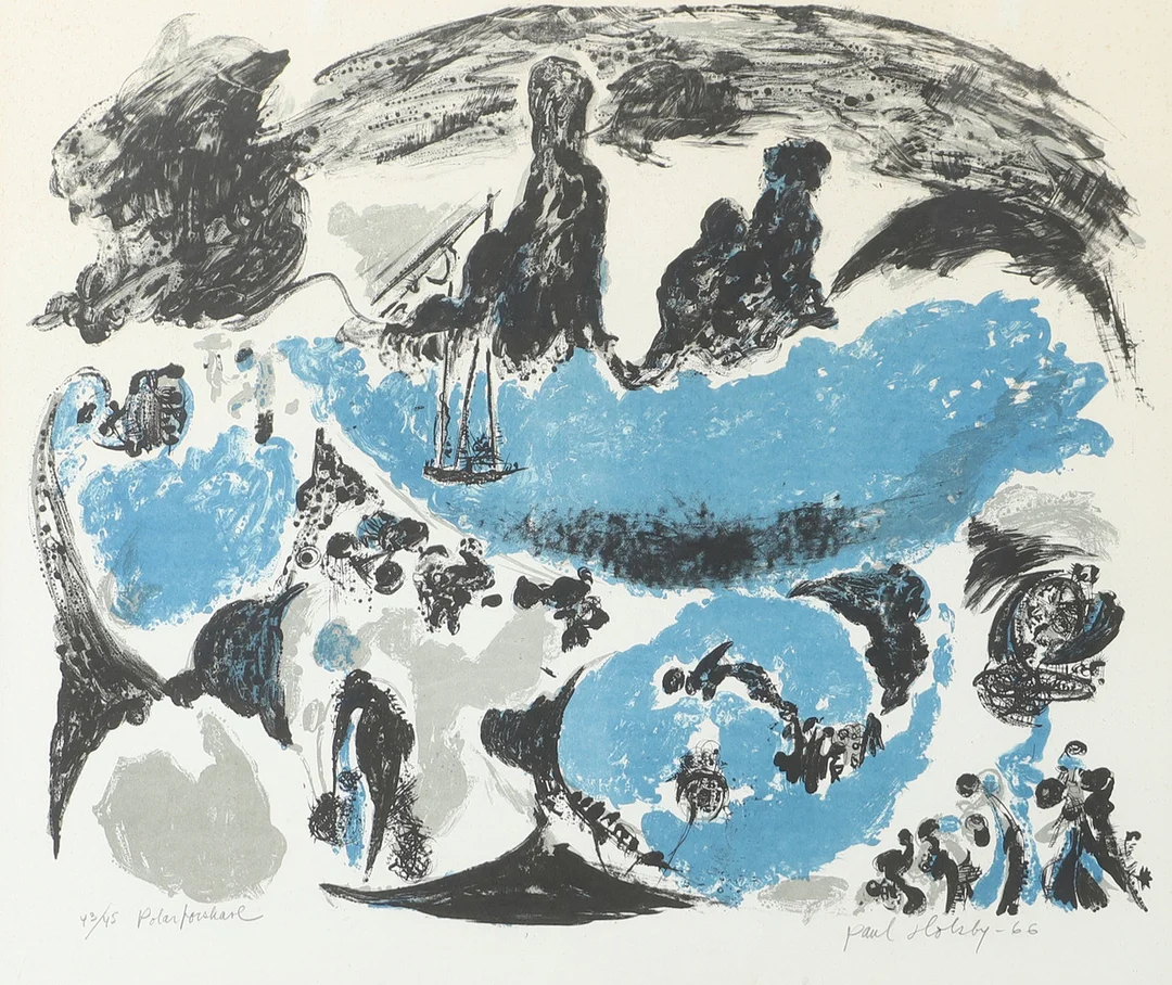 PAUL HOLSBY. "Polarforskare", färglitografi, signerad -66. — Engravings & Prints — Helsingborgs Auktionskammare