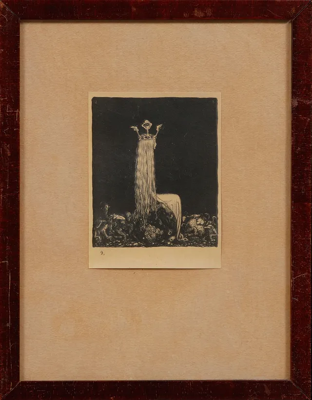 JOHN BAUER. "PRINSESSAN OCH SMÅTROLLEN", litografi, no 9 ur boken, "Trollen", Ernst Bauers förlag, Göteborg 1915.