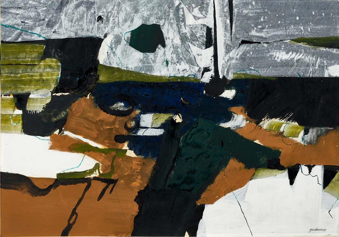 GUNNAR JOHANSSON (1917-2007). Komposition, signerad G Johansson, olja på pappannå. — Paintings — Crafoord Auktioner Stockholm