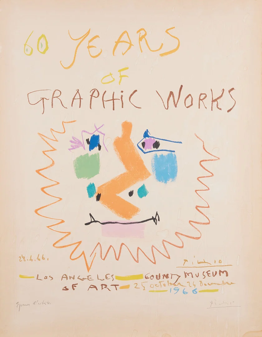 PABLO PICASSO. Utställningsaffisch, "pablo picasso 60 years of graphic works", Los Angeles 25 october 24 December 1966, signerad och numrerad EA, tryckt av Mourlot, Paris 1966. — Engravings & Prints — Stockholms Auktionsverk Magasin 5
