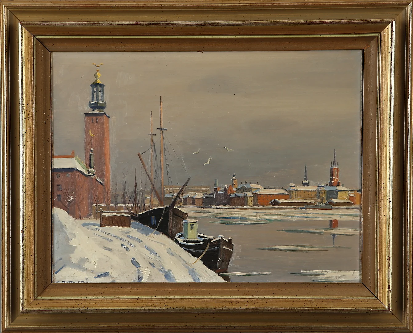 GUNNAR ZETTERSTRÖM. Stockholsmsvy från Stadshuset, olja på pannå, signerad. — Paintings — Auktionshuset Kolonn