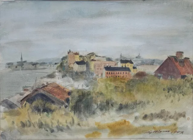 STIG MÅNSSON. Stadsvy. Pastell, signerad Stig Månsson och daterad 1947.
