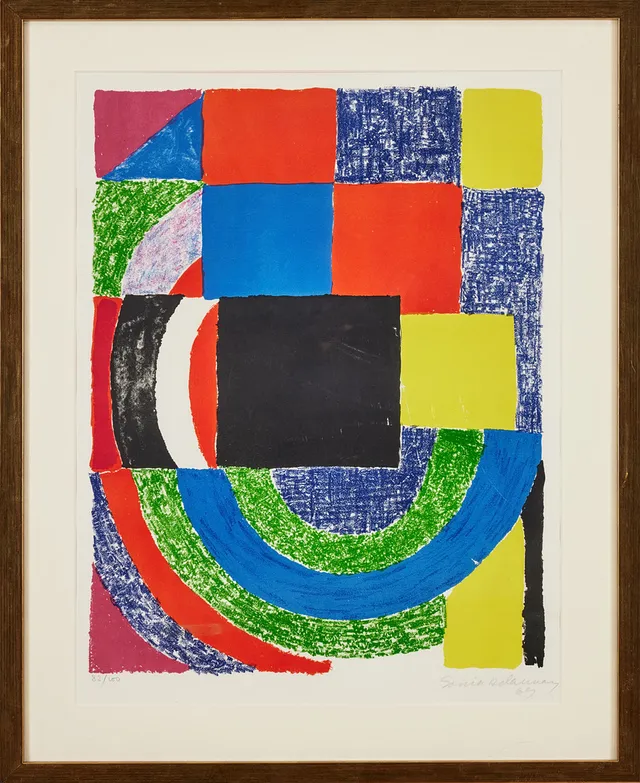 SONIA DELAUNAY. "Carré Noir", färglitografi, 1969, 54 x 38,5 cm.