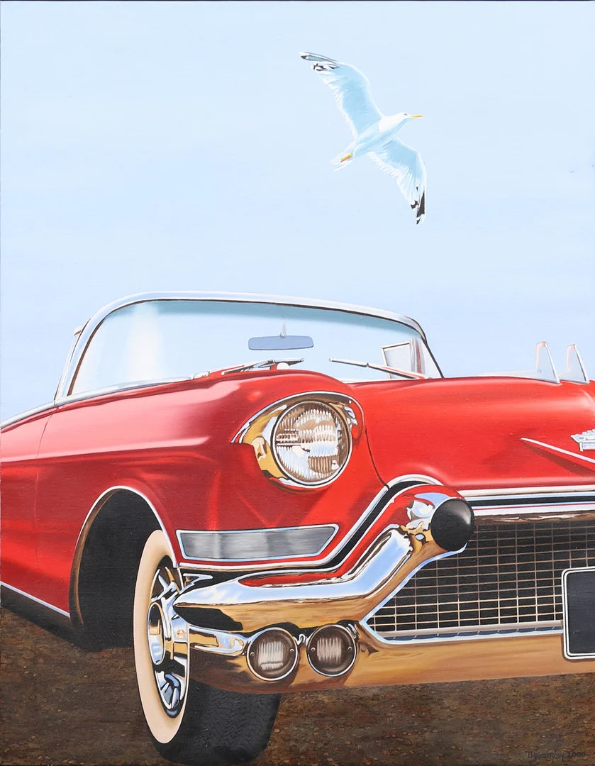THOMAS HAFSTRÖM (FÖDD 1954). Den röda bilen med mås, olja på duk, signerad. — Paintings — Garpenhus Auktioner