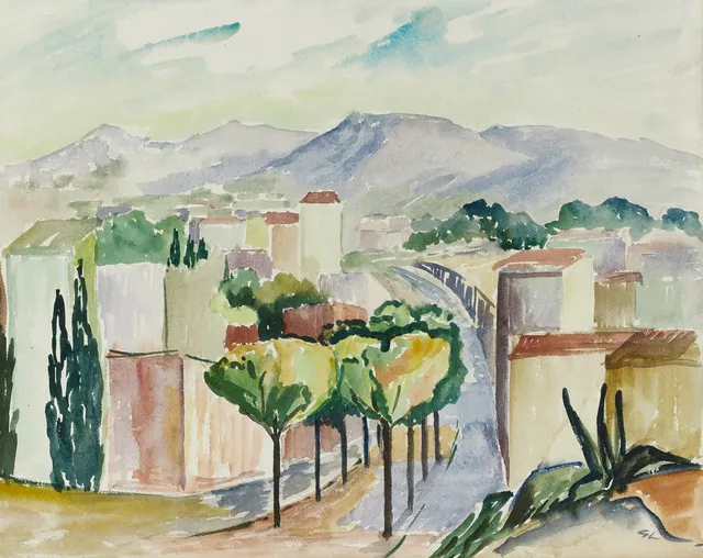 GERHARD LARSSON (Häggum 1910-1990 Göteborg), tillskriven. Sydländskt landskap, monogramsignerad GL, akvarell.