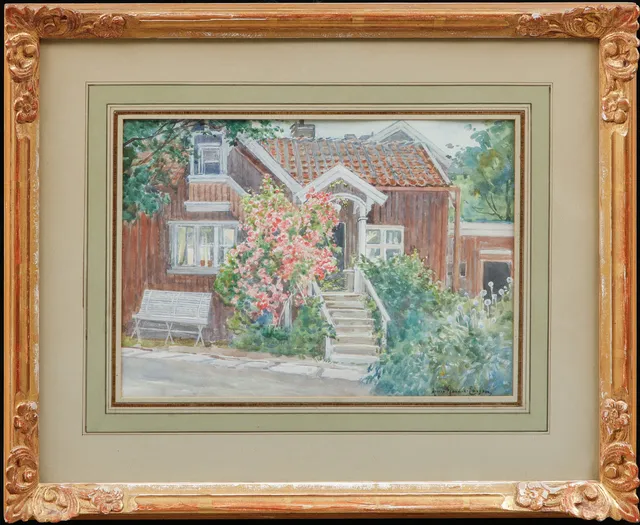 ANNA GARDELL-ERICSON. Rött hus och blommande växter, akvarell, signerad.