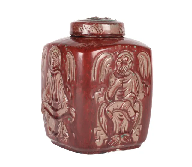 Jais Nielsen for Royal Copenhagen. Stoneware lidded jar with oxblood glaze, no. 2964