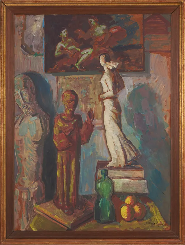BERTIL DAMM. "Skulpturer i ateljén", olja på pannå, signerad, daterad 1935, samt allegorisk studie, Sydeuropa.