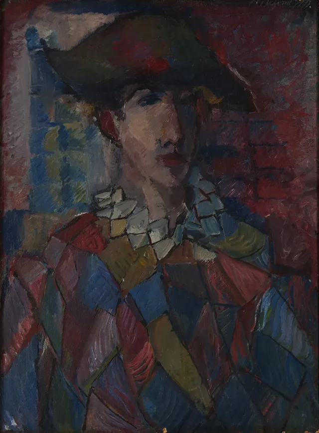UBEKENDT KUNSTNER. Komposition med Harlekinfigur, olie på lærred, signeret, 1920'erne.