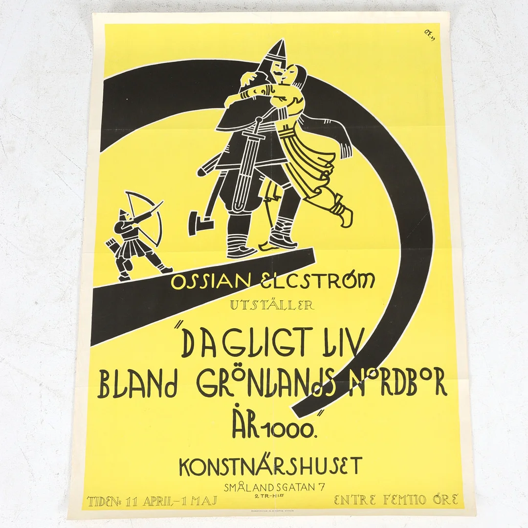 OSSIAN ELGSTRÖM. Utställningsaffisch, "Dagligt liv blad Grönlands nordbor" 1929. — Engravings & Prints — Stadsauktion Sundsvall