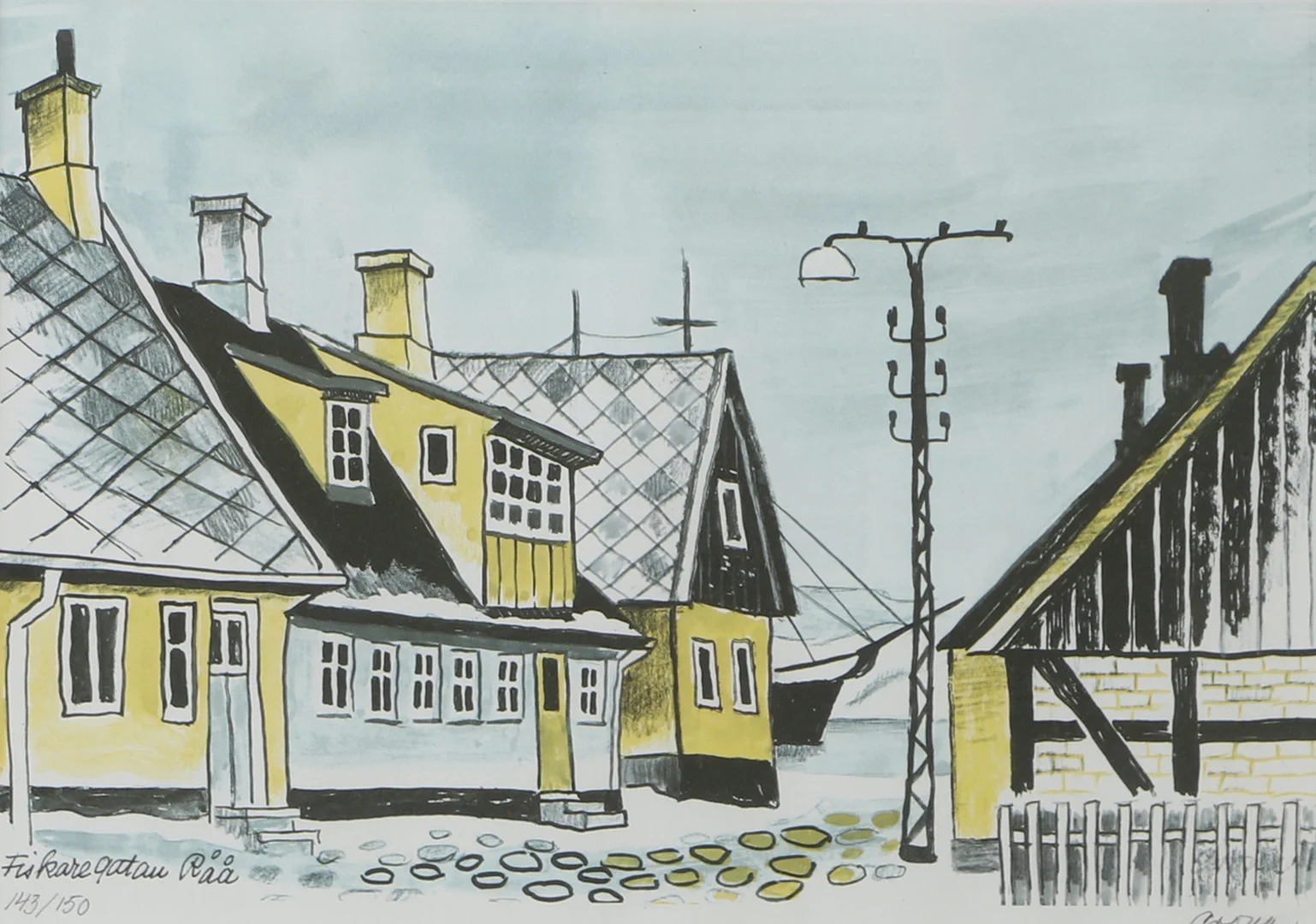 GEORG CRONA. Fiskaregatan Råå, färglitografi, signerad Crona. — Engravings & Prints — Helsingborgs Auktionskammare