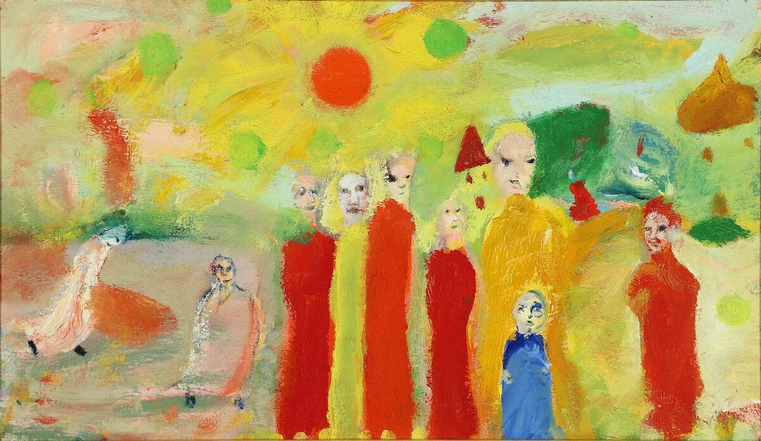“Red Sun”, 1970. Signed, titled and dated on the stretcher. Oil on canvas 35×60 cm. — Modern Paintings/Modern art — Bruun Rasmussen