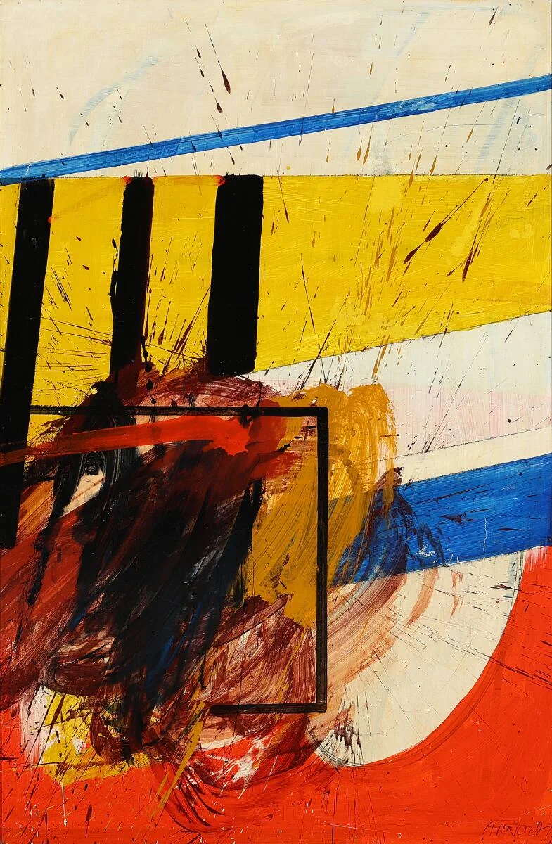 “Small American Landing”, 1964. Signed, titled and dated on the reverse. Oil on masonite. 122×80 cm. — Modern Paintings/Modern art — Bruun Rasmussen