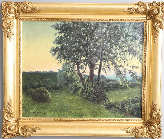 J.L. MOISSENET (19TH/20TH CENTURY FRENCH SCHOOL). HAYSTACKS IN A SUMMER LANDSCAPE AT DUSK.