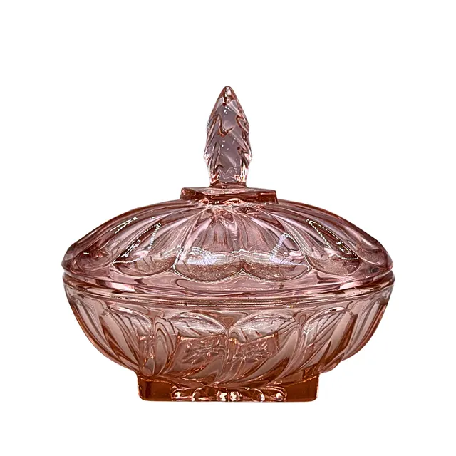 ROSAFARBENE BONBONIERE AUS PRESSGLAS.