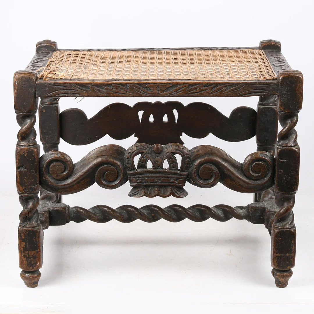 A WILLIAM & MARY STYLE OAK AND CANE STOOL. — Sofas & Seatings — Bishop & Miller