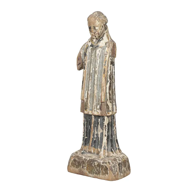 AN 18TH CENTURY SPANISH COLONIAL POLYCHROME PAINTED FIGURE OF A SAINT.