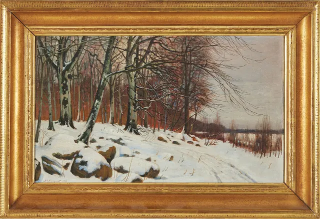 AXEL HJALMAR LINDQVIST. Vinterlandskap med björkar, olja på pannå, signerad AH Lindqvist 1916.
