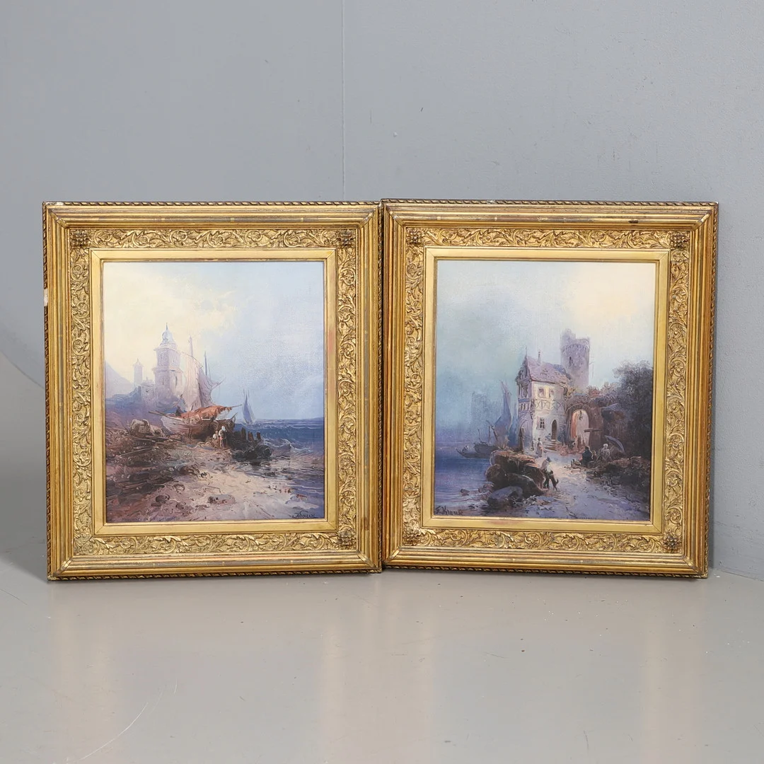 AFTER E.A.KRAUSE (20TH CENTURY). CONTINENTAL LANDSCAPES WITH FIGURES BESIDE FISHING BOATS, ALSO A COMPANION FIGURES AND A DOG BESIDE A TIMBERED BUILDING, A CASTLE TURRET NEARBY, (A PAIR). — Engravings & Prints — Lawrences Auctioneers