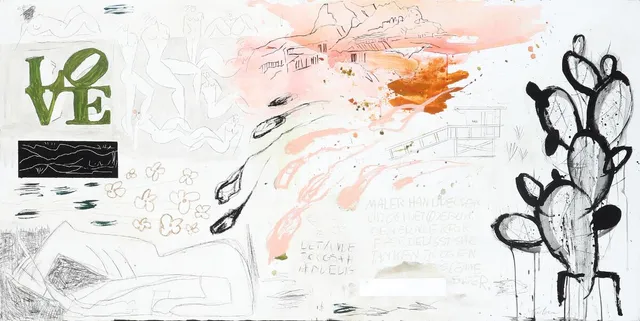 Untitled. Signed Kjeld Ulrich. Mixed media on canvas. 90×180 cm. Unframed.