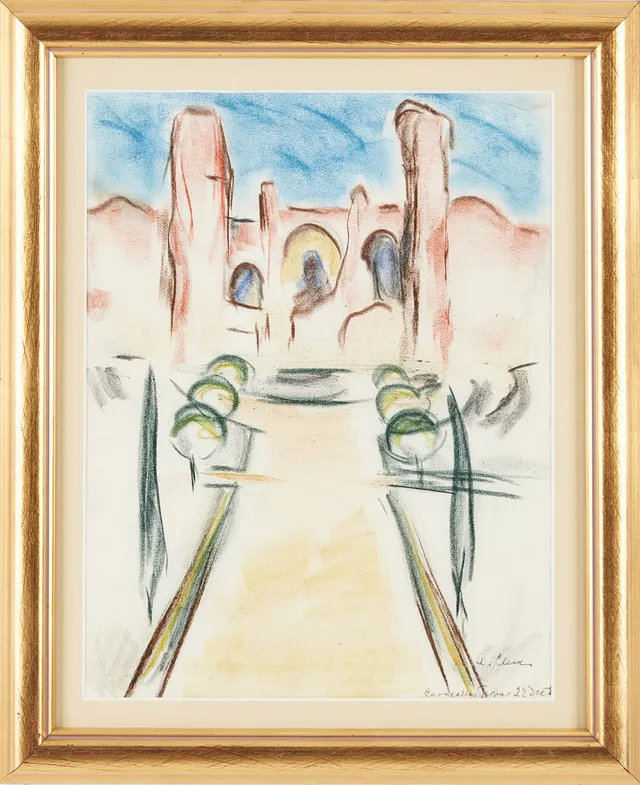 AGNES CLEVE. "Caracallas Termer", krita på papper, signerad.