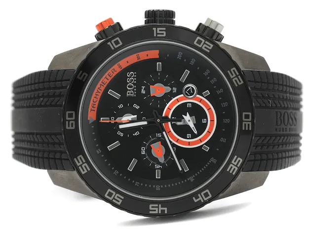 BOSS, "Tachymetre", kronograf, herrur, 46 mm, Boett nr. HB.138.1.34.2357/4.196.438, PVD, mineralglas, datum, 24-timmarsvisning, integrerat gummiband, viklås, ca 2011, box, ytterkartong.