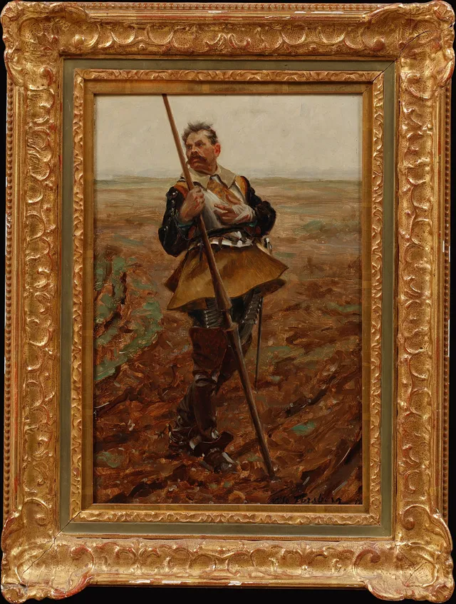 NILS FORSBERG. Sårad soldat, olja på pannå, signerad och daterad 1901.