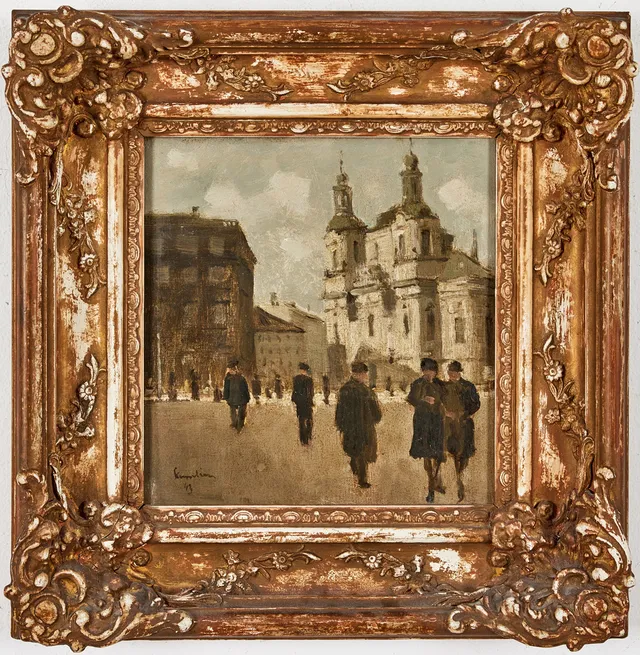 AKKE KUMLIEN. Torg med kyrka, olja på pannå, 23,5 x 21,5 cm.
